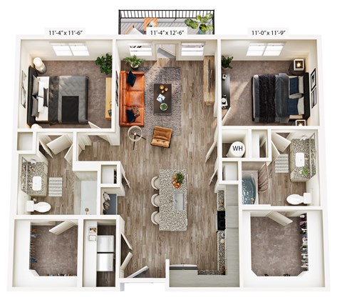 A top-down view of a house layout with a living room, kitchen, and two bedrooms.